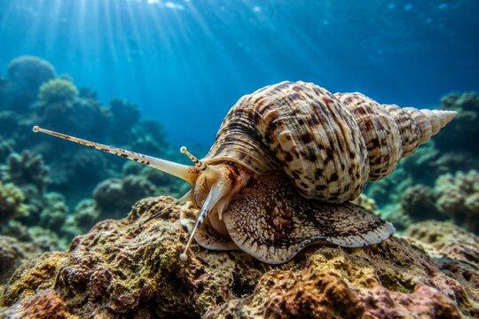 Triton snail extending its tentacles on a coral reef with a visible spiral shell.