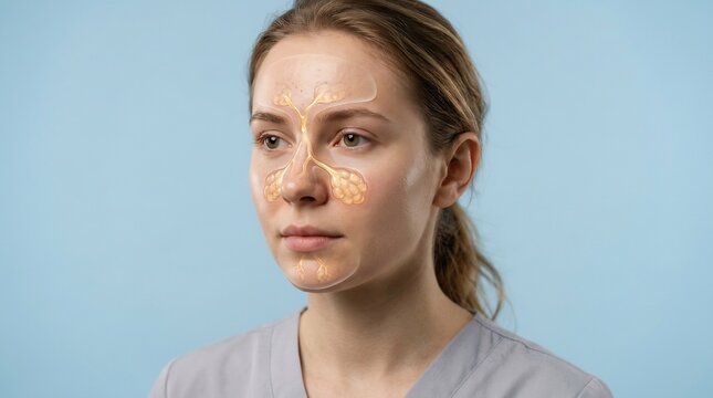 Medical visualization of paranasal sinuses on a woman's face for healthcare and anatomy education