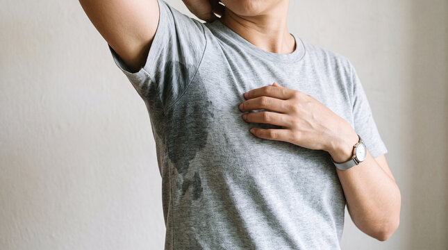 A close-up of a person experiencing excessive underarm sweating, a large visible sweat stain on a light gray T-shirt. One arm is raised to clearly reveal the damp armpit area.
