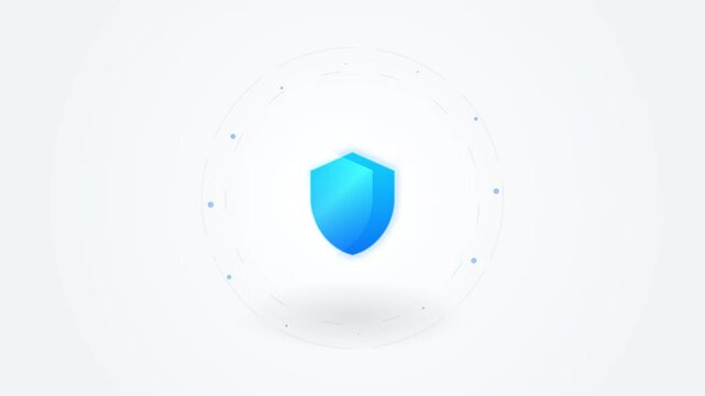 Blue gradient digital shield icon centered on a white background with concentric circular interface elements, tech nodes, and subtle data visualization representing cybersecurity.