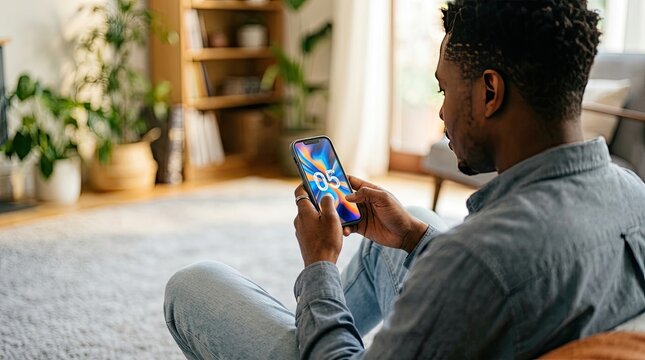 Modern phone mockup man using smartphone on couch in bright living room setting