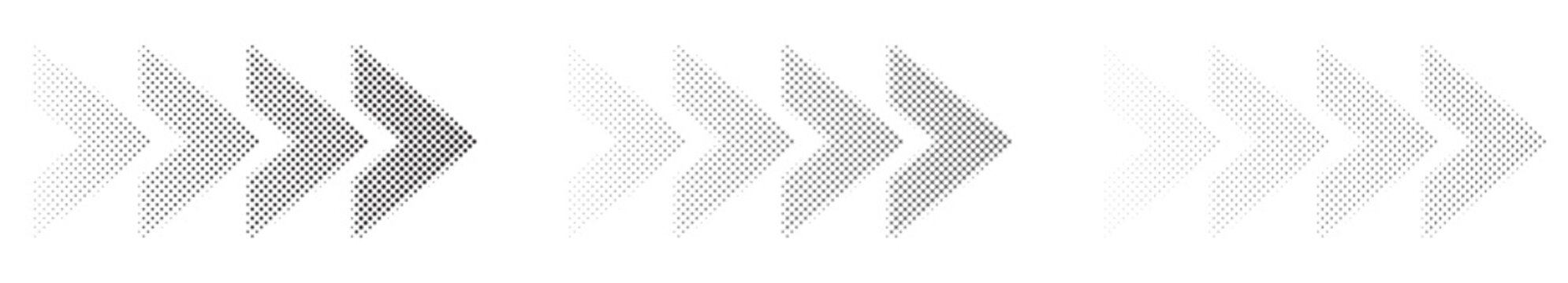 Abstract Black Halftone Chevron Arrow Set, Sequential Gradient Directional Pointer Vector