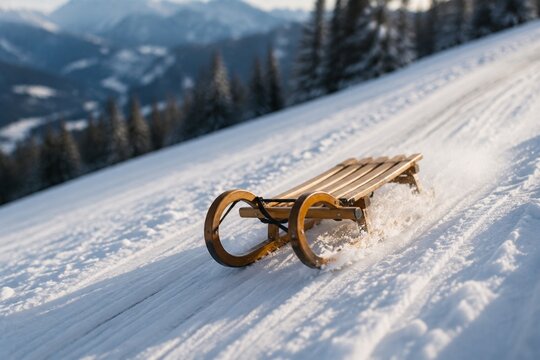 A wooden toboggan sliding down a snowy slope, leaving smooth tracks in fresh white snow, cinematic winter scene.