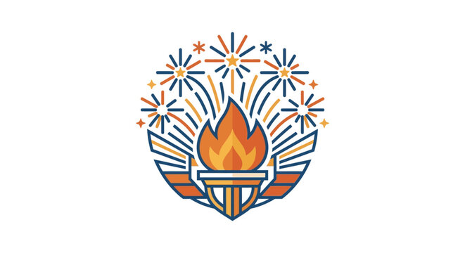 Corporate of a Flaming Torch Surrounded by Fireworks and Sparkles for Celebration and Success with high quality professional line art symbols for modern creative design and digital branding projects