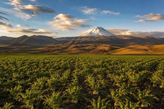 A field of maca plants under a vast sky with the Andes mountains in the distance.
