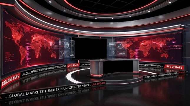 Virtual television news studio background with digital world map, studio lightin
