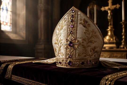 A bishop's ceremonial hat resting on dark velvet cloth, gemstones gleaming.