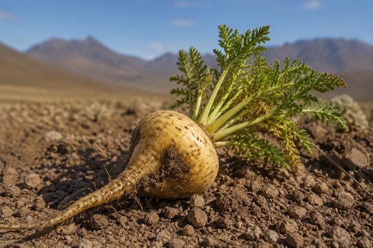 Single root resembling a turnip, freshly pulled from dry soil.