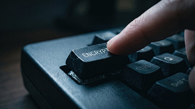 Finger pressing an encrypt key on a computer keyboard