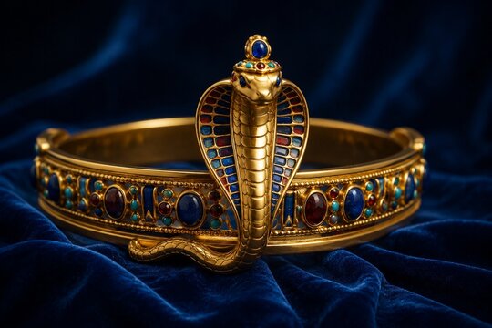 Golden uraeus crown with cobra motif on blue velvet, luxurious and regal.