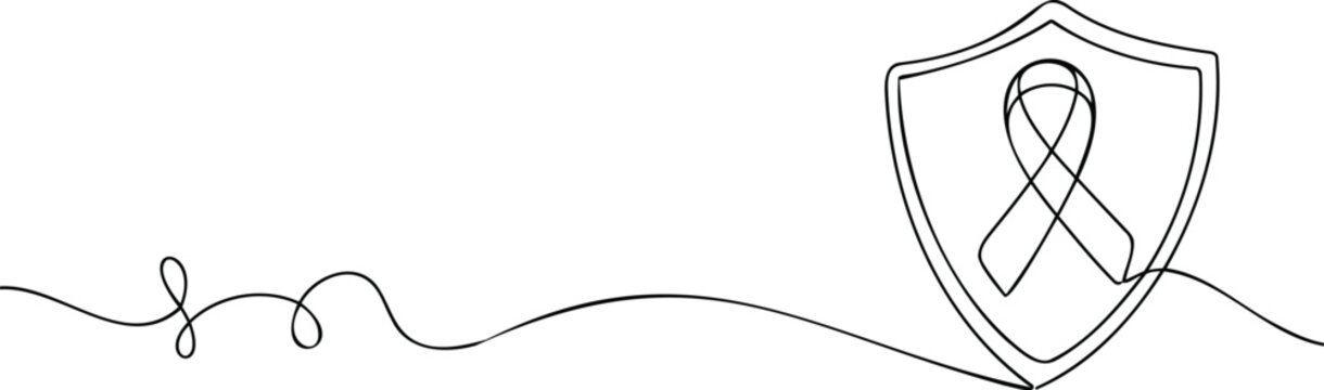 Minimalist continuous line of a shield with awareness ribbon inside line shield symbol protection security