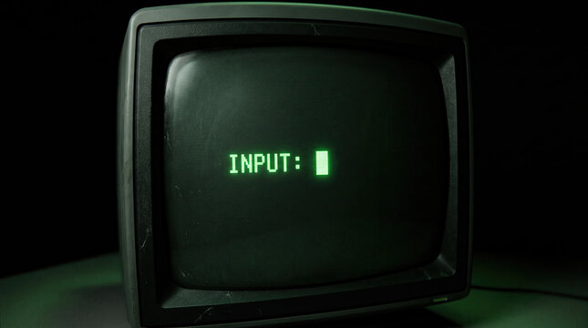 Vintage retro computer monitor with a glowing green screen