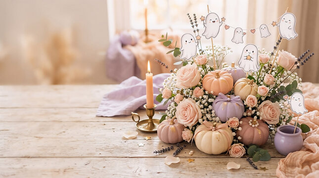Pastel Halloween Floral Centerpiece with Cute Ghost Decorations