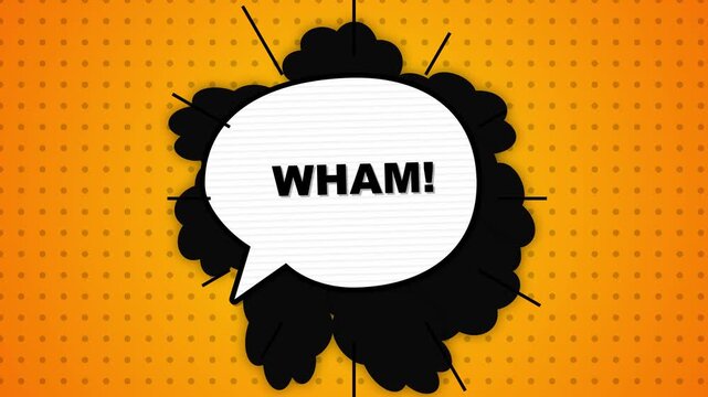 Animated comic book speech bubble featuring the onomatopoeia "WHAM!" in bold black text, set against a vibrant orange halftone dot background with black burst clouds and action lines.