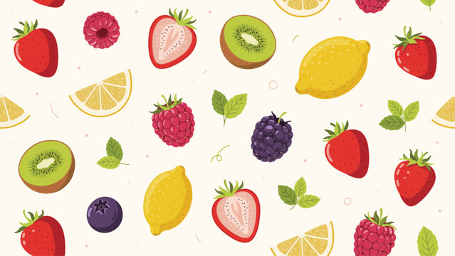 Colorful handdrawn fruit illustration pattern featuring strawberries raspberries kiwi lemons and berries with transparent background