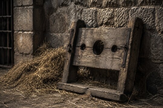 A rough wooden pillory in hay against a stone castle wall.