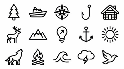 Collection of minimalist black icons for travel and nature themes. © Afro