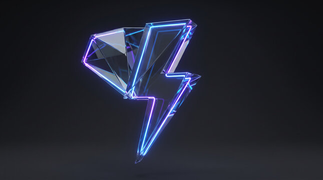 3D glass lightning bolt icon. Neon glowing thunder symbol on dark background.
