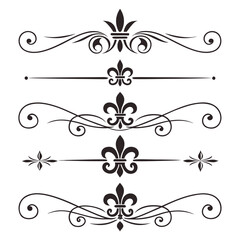 Set of luxury vintage dividers with fleur de lis symbols and ornamental swirls for wedding invitations and scrapbooking projects elegant classic calligraphic flourishes for stationary page borders. © cu