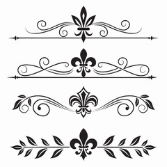 Collection of decorative floral page dividers featuring fleur de lis accents and elegant botanical vines for editorial layouts and stationary artistic flourish elements for vintage document design. © cu