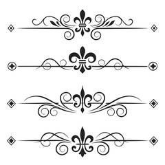 Decorative page dividers with fleur de lis symbols and geometric diamond accents for luxury invitation design elegant scroll work and calligraphic flourishes for sophisticated print projects. © cu