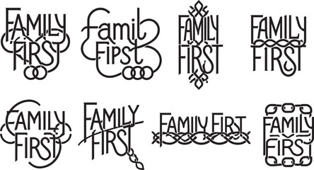 Obraz premium Family first typography lettering icon set with creative ornate monogram and line quotes