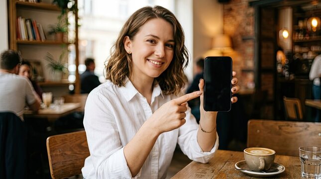 Modern phone mockup presentation woman showcasing mobile device in a cafe setting