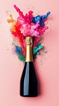 Celebration champagne bottle erupts in a colorful explosion of vibrant hues