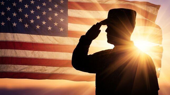 Soldier saluting american flag at sunset with military patriotism remembrance