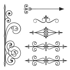 Vertical and horizontal filigree scroll dividers with intricate swirls and fleur de lis accents for elegant page decoration and vintage border design elements in black vector graphic style. © cu