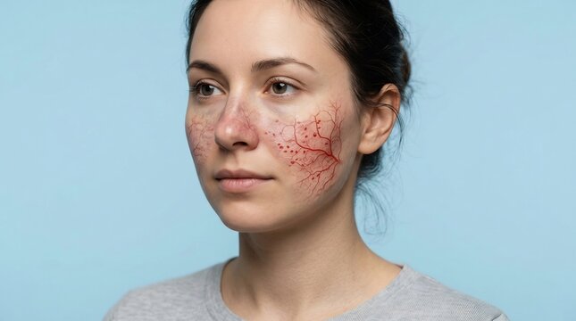 Close-up portrait of a young adult woman with visible red facial capillaries and skin redness on cheeks