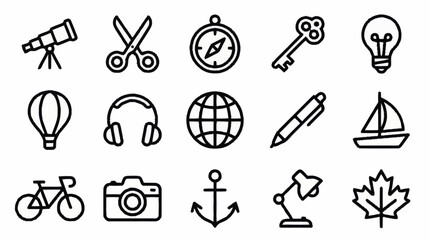 Collection of sixteen black line icons representing various themes. © Usman