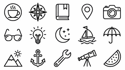 Collection of black and white line icons for various themes. © Usman