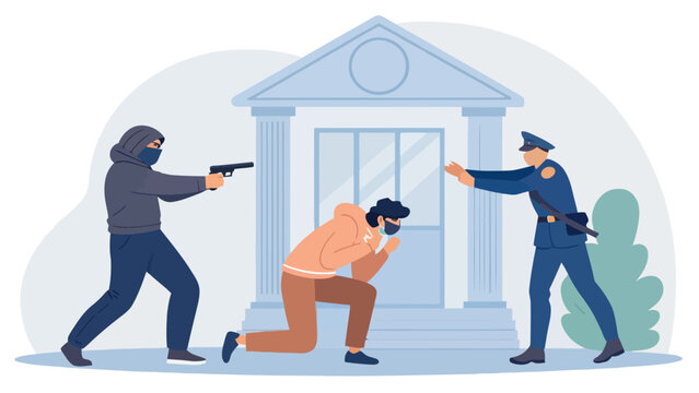 Police officer confronting bank robber holding hostage at gunpoint with criminal enforcement emergency incident violence confrontation dangerous protection security gunpoint illustration