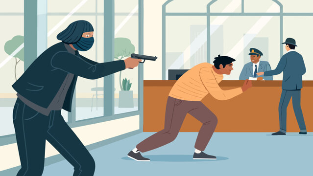 Armed bank robber holding hostage at gunpoint in modern bank interior with criminal security incident emergency violence aggressive confrontation dangerous threaten illustration crime scene