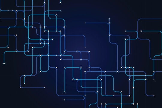 Abstract glowing circuit network on dark blue gradient background, lines
