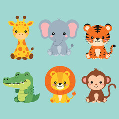 Fototapeta premium Sweet sitting baby zoo animals collection