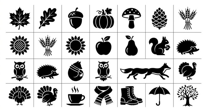 Autumn Thanksgiving silhouette vector icon set, 20 unique fall themed icons in a clean grid, maple leaf pumpkin acorn turkey sunflower fox squirrel owl boots umbrella, solid black shapes white backgro
