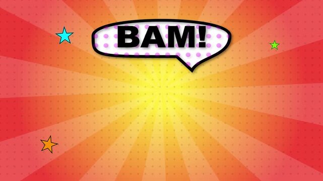 Retro comic book style background with 'BAM!' speech bubble text over an orange and yellow sunburst radial pattern featuring halftone dots and colorful accent stars for graphic design.