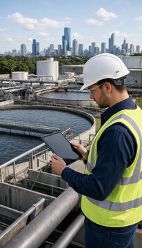 Engineer wearing white hard hat and safety vest using digital tablet at water treatment plant facility with engineer treatment industrial technology infrastructure construction management