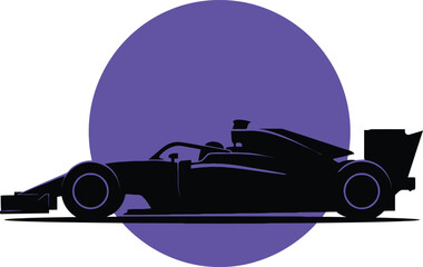 Obraz premium Formula 1 race car silhouette against purple circle motorsports graphic design element