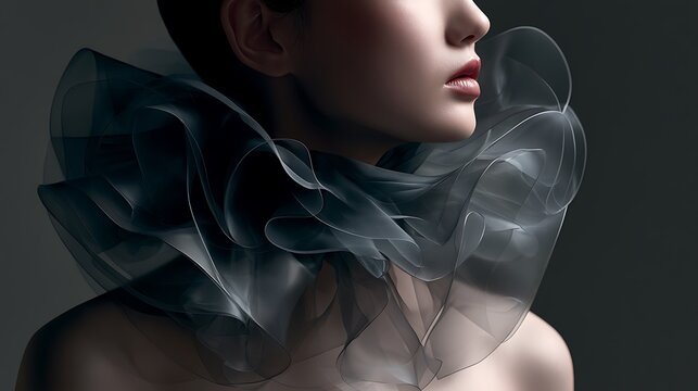 Prompt: A close-up fashion portrait. A model wears an oversized ruff collar made of translucent, smoke-grey liquid silicone that stretches and sags downwards, casting a heavy shadow on her neck. 