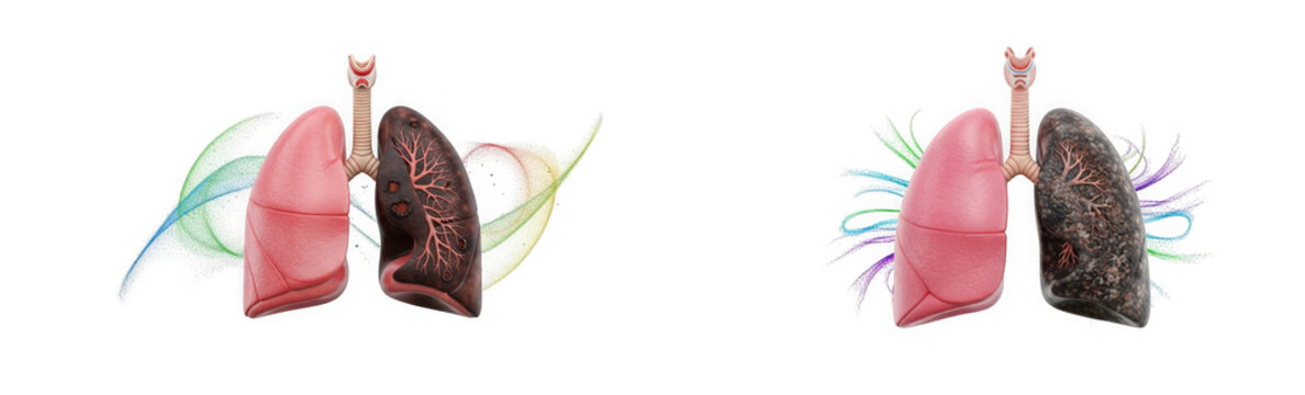 3d illustration of human lungs with one healthy pink side and one damaged dark side isolated on transparent background