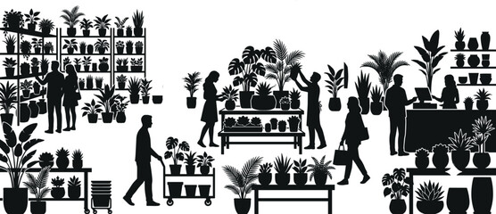 Fototapeta premium Detailed plant nursery shop silhouette with people buying indoor plants and succulents for botanical home gardening decor