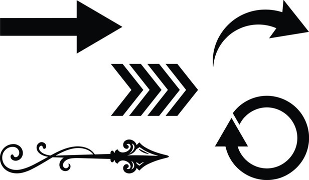 Black Arrow Icon Set with Decorative Vintage Spear Curved Pointers Chevron Stripes and Circular Refresh Symbols for Web Navigation and Graphic Designs