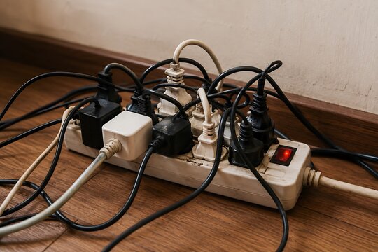Overloaded power strip with multiple plugs on wooden floor
