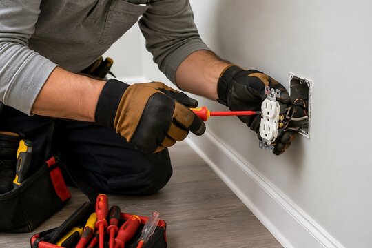 Professional electrician repairing electrical outlet with tools