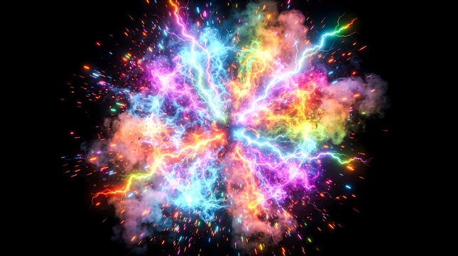 Abstract colorful plasma burst supernova with multi color neon energy sparks glowing cosmic smoke particles backdrop isolated on black background