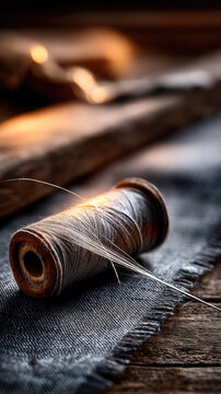 Natural thread spools standing with stacked artisan textiles on a rustic wooden surface illustrate the process of knitting, sewing, and weaving, emphasizing natural fibers and handcrafted quality