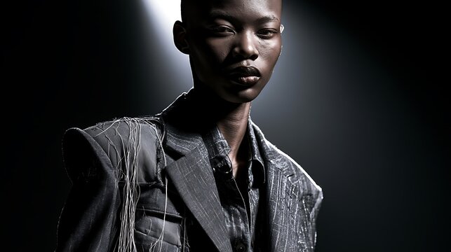 Prompt: A dark, high-fashion editorial portrait. A model wears a deconstructed slate-grey suit jacket with exposed internal canvas lining and dangling white threads, where one shoulder pad is 